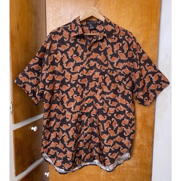 Vintage 90s 100% Silk Dinosaur Hawaiian Shirt Button Down Short Sleeve Sz M - Picture 1 of 5